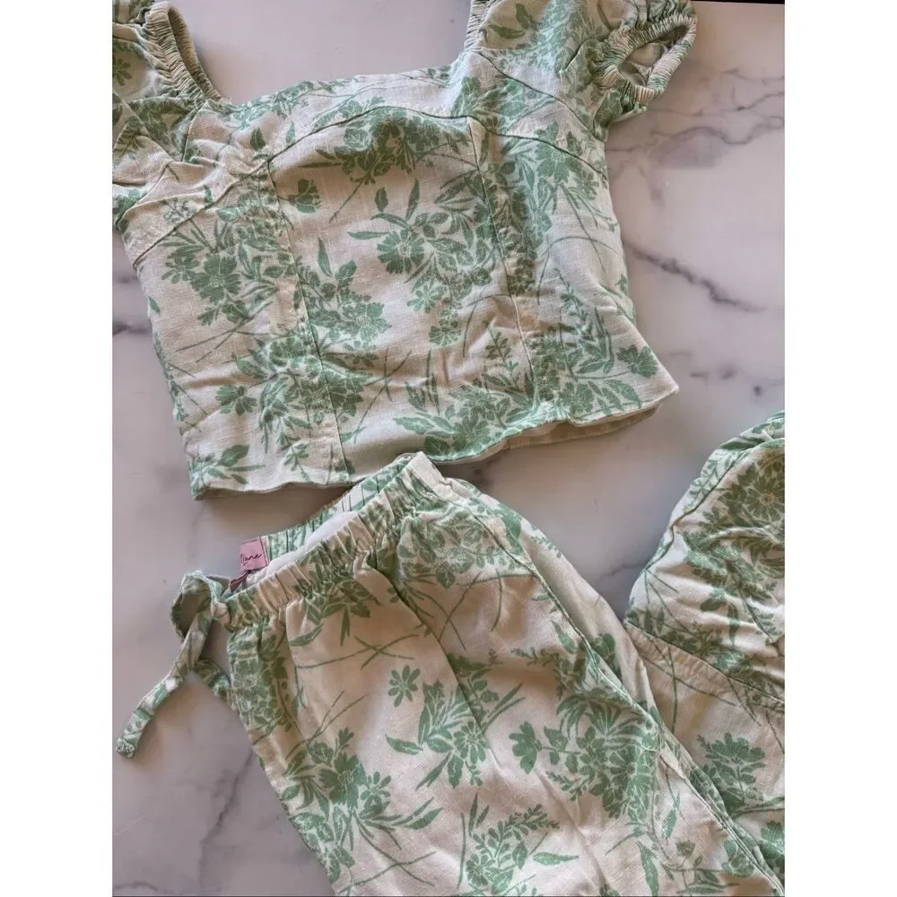 Paisley Lane girls 8 green sage cream floral puff sleeve 2 pc set blouse pants m